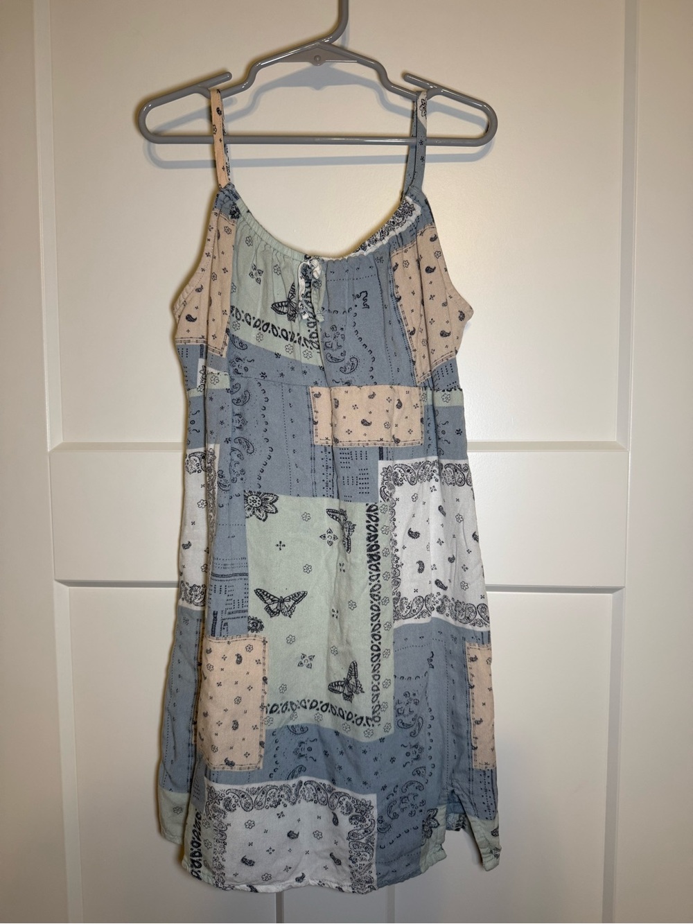 abercrombie kids Patchwork Bandana Print Spaghetti Strap Dress in Blue and Cream